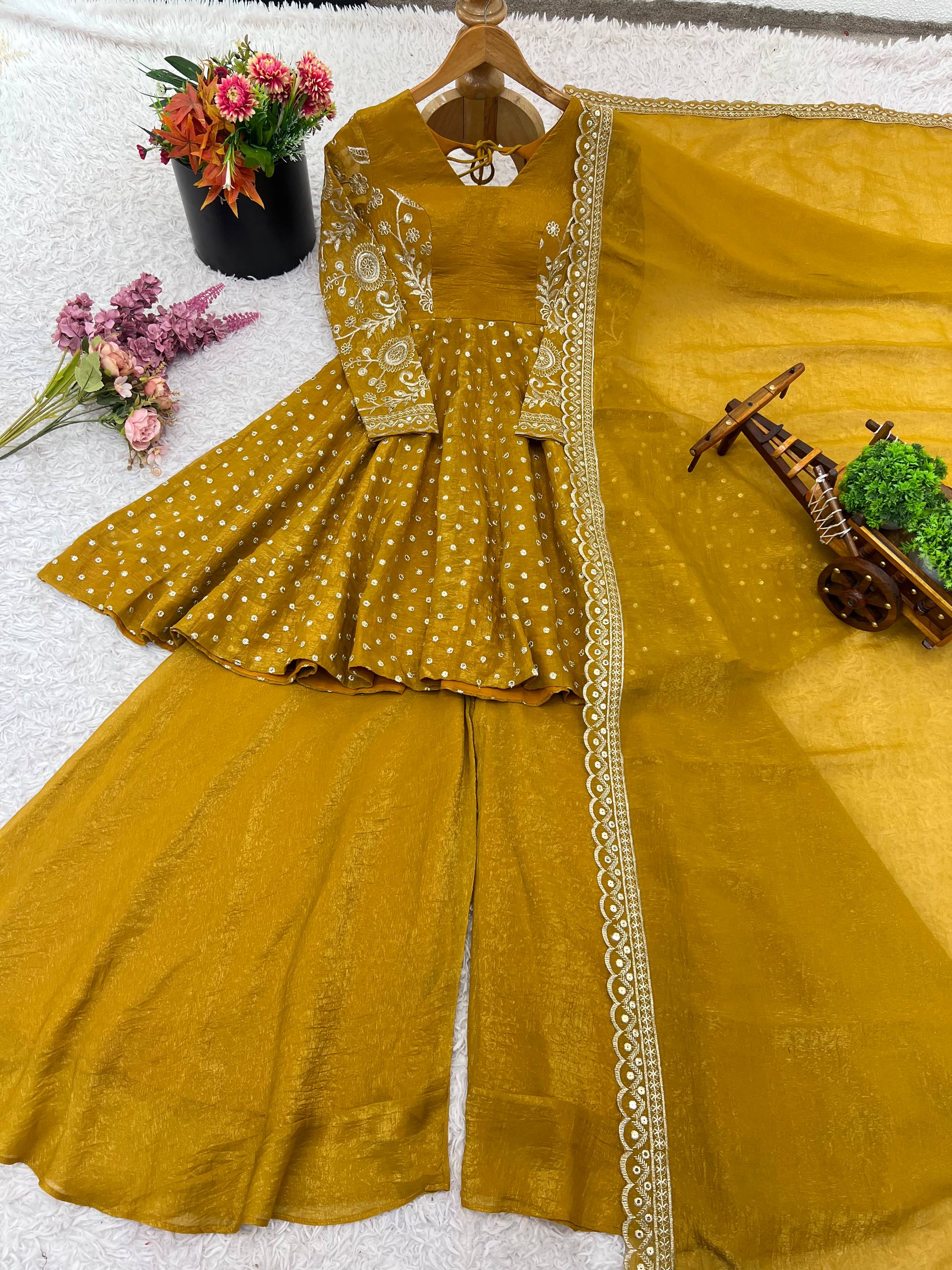 Prazu Fashion Yellow Crunchy Silk Embroidered Designer Sharara Suit - Distacart
