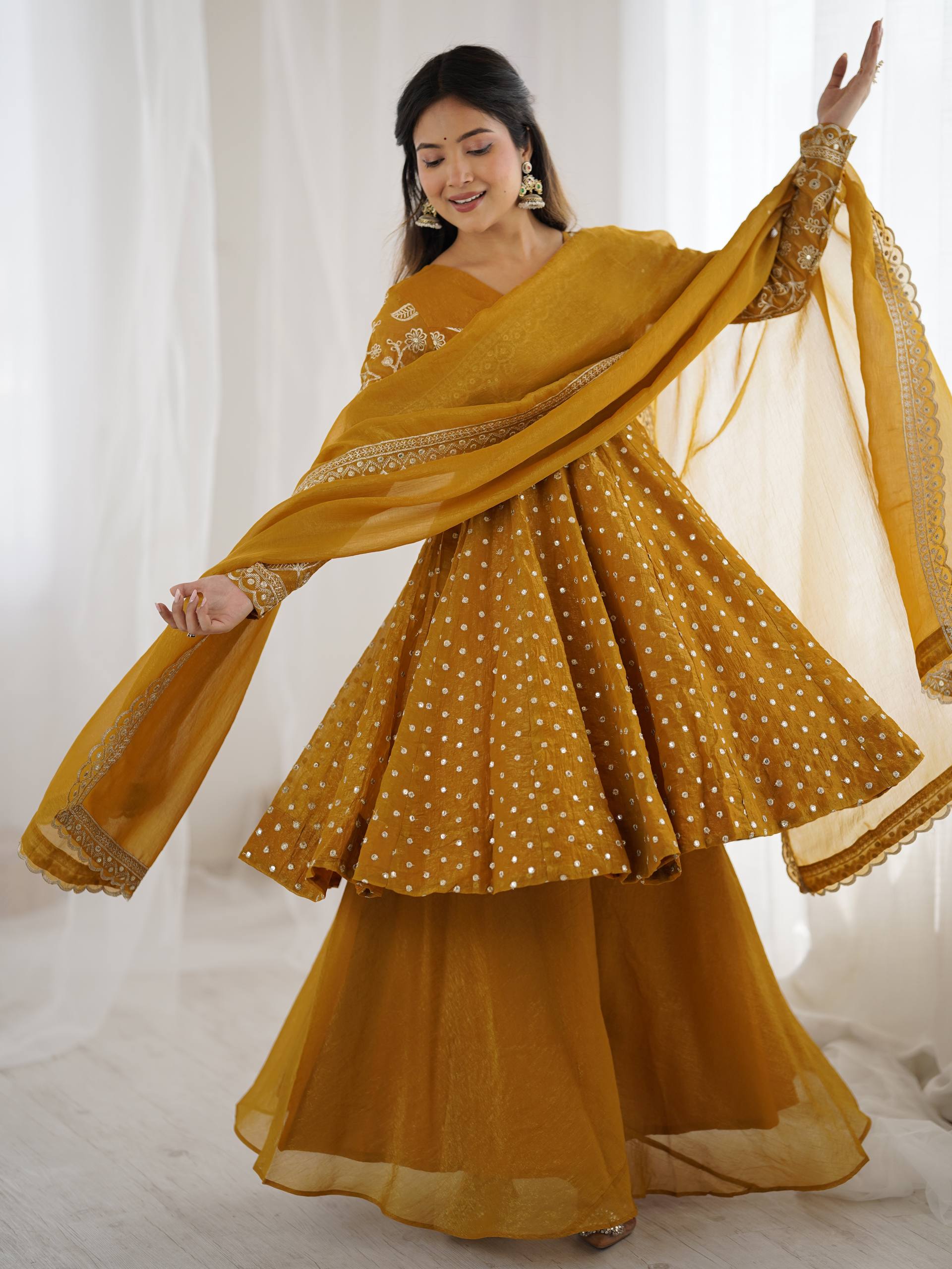 Prazu Fashion Yellow Crunchy Silk Embroidered Designer Sharara Suit - Distacart