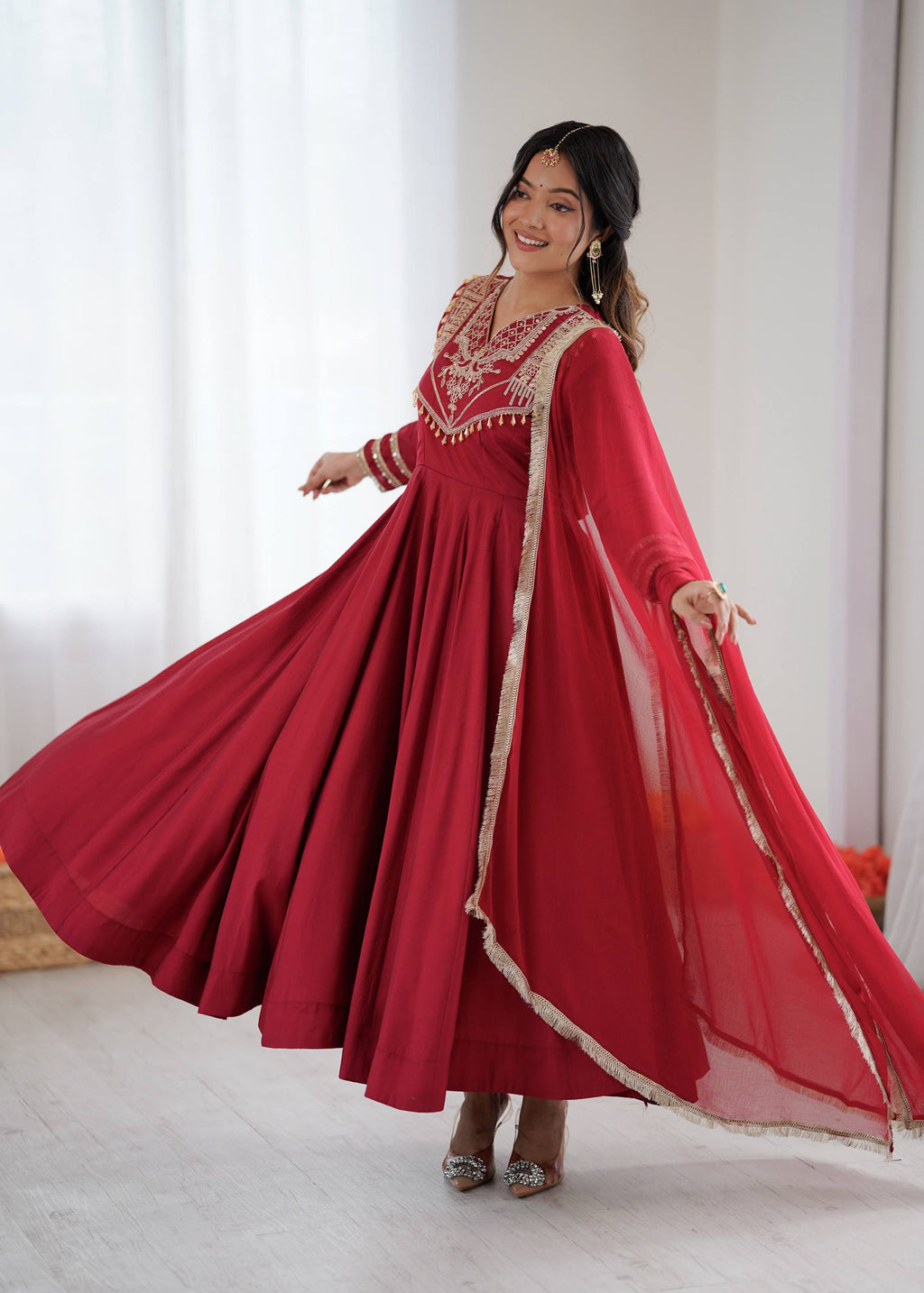 Prazu Fashion Red Roman Silk Coding Work Anarkali Suit - Distacart