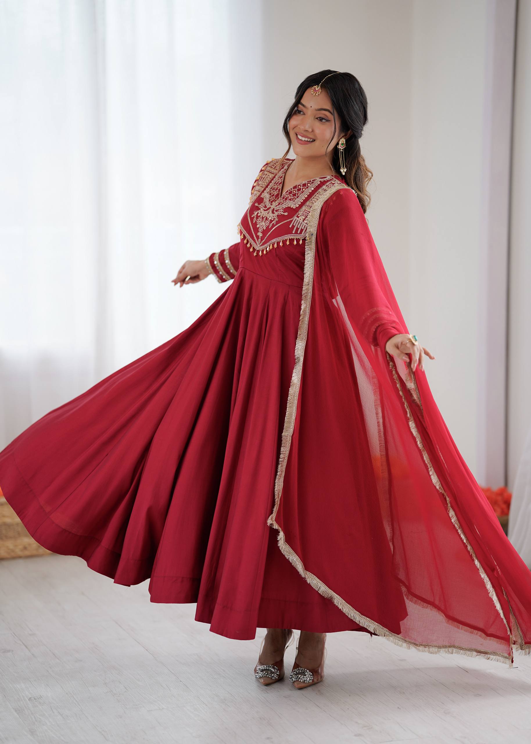 Prazu Fashion Red Roman Silk Coding Work Anarkali Suit - Distacart