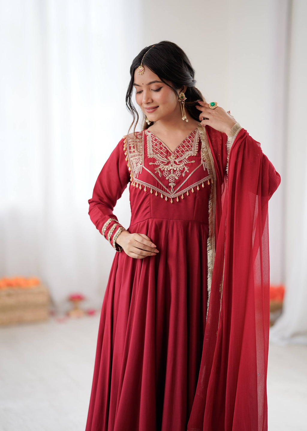 Prazu Fashion Red Roman Silk Coding Work Anarkali Suit - Distacart