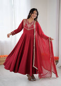 Prazu Fashion Red Roman Silk Coding Work Anarkali Suit - Distacart