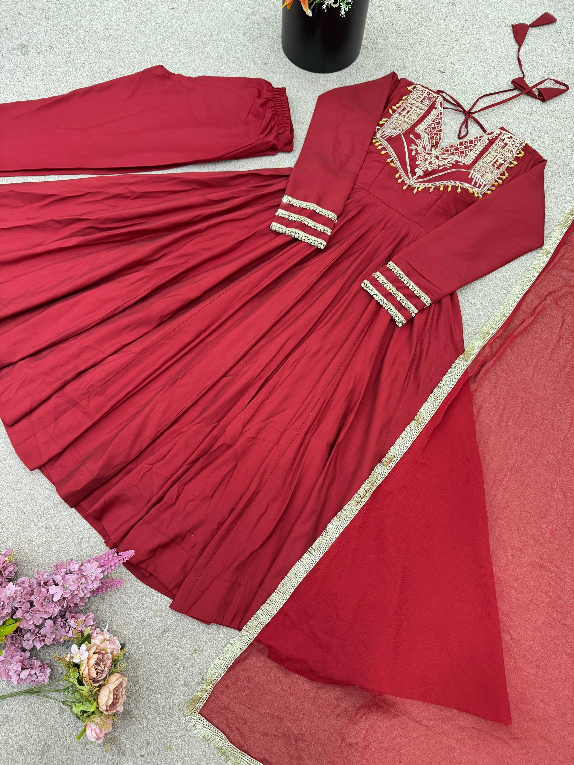 Prazu Fashion Red Roman Silk Coding Work Anarkali Suit - Distacart