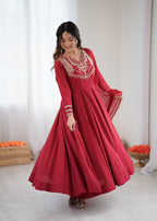 Prazu Fashion Red Roman Silk Coding Work Anarkali Suit - Distacart