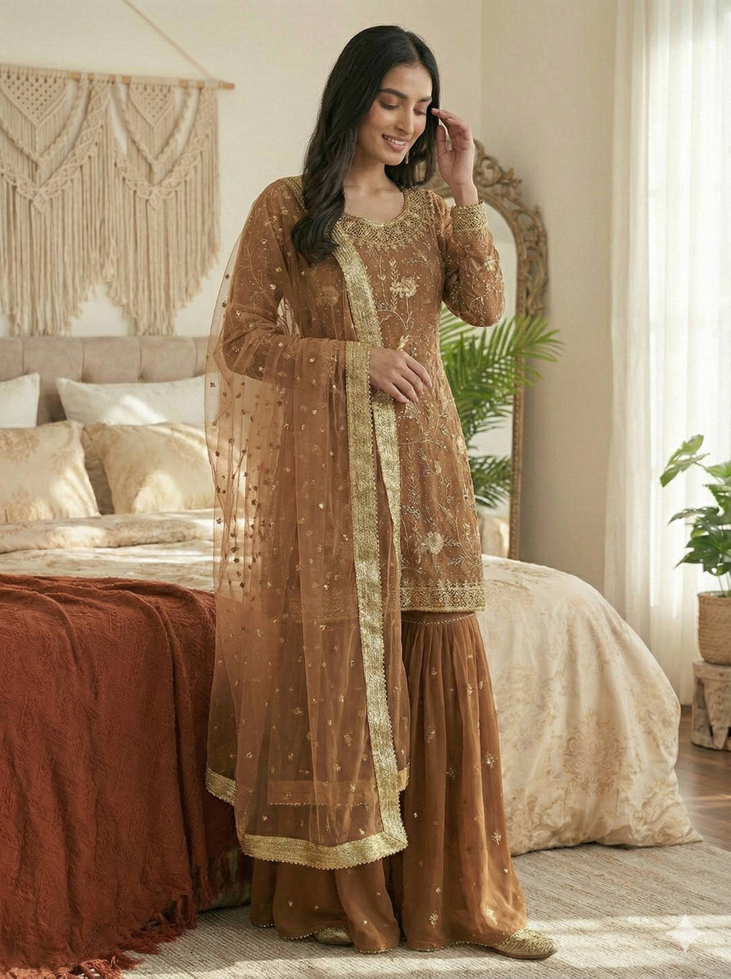 Prazu Fashion Light Brown Georgette Zarkan Diamond Work Palazzo Suit