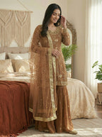 Prazu Fashion Light Brown Georgette Zarkan Diamond Work Palazzo Suit