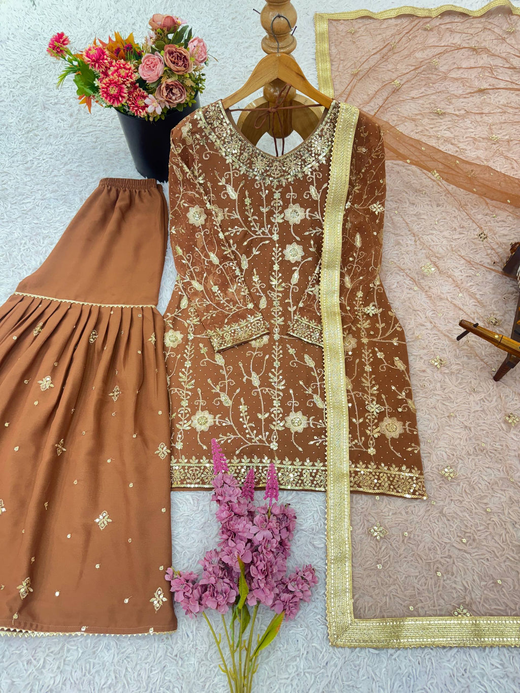 Prazu Fashion Light Brown Georgette Zarkan Diamond Work Palazzo Suit
