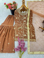 Prazu Fashion Light Brown Georgette Zarkan Diamond Work Palazzo Suit