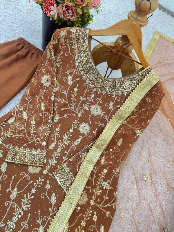 Prazu Fashion Light Brown Georgette Zarkan Diamond Work Palazzo Suit