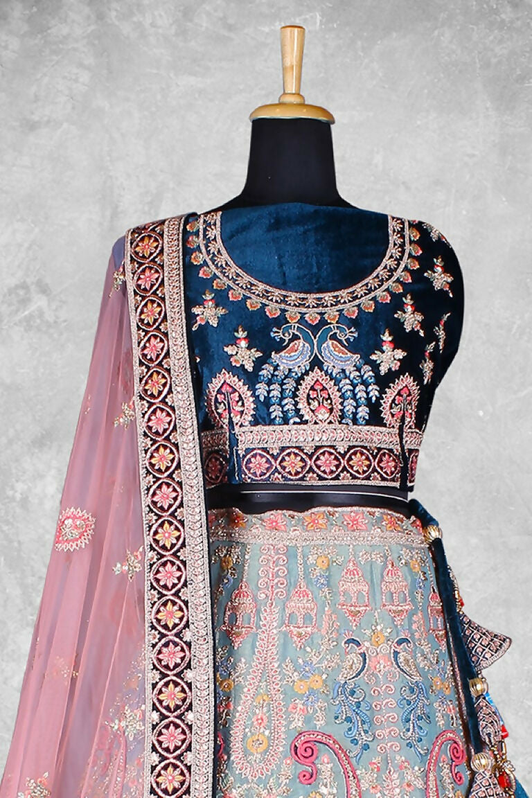 Blue & Pink Velvet Thread with Hand Work Semi Stitched Lehenga Choli with Dupatta - Nimaya Lagnotsav