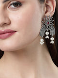 NVR Women's Floral Silver-Plated Artificial Stones and Beads Drop Earrings - Distacart