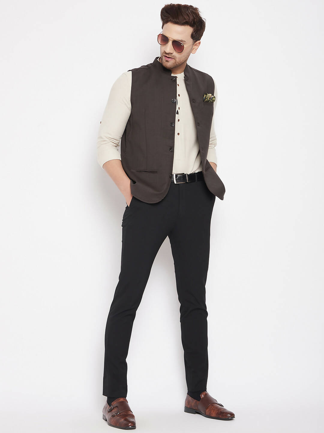 Even Apparels Brown Merino Men Woven Nehru Jacket - Distacart