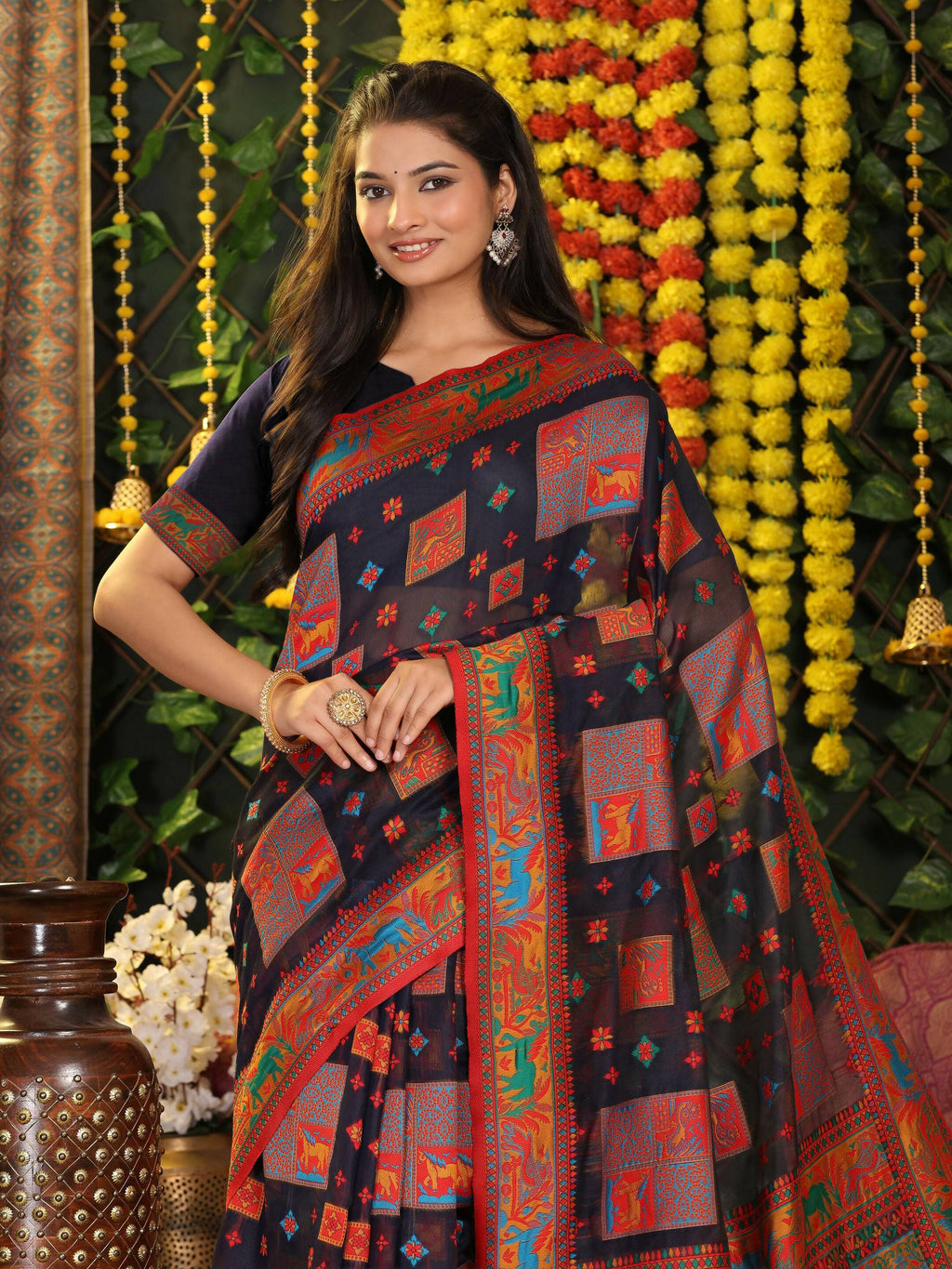 Shree Shyam Fashion Linen Cotton Navy Blue Saree - Distacart