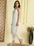 Myshka Women's White Georgette Sleeveless Straight Party Kurta