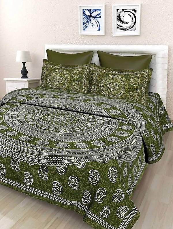 Vamika Printed Cotton Mehandi Bedsheet With Pillow Covers (LEOC_3_MEHANDI)