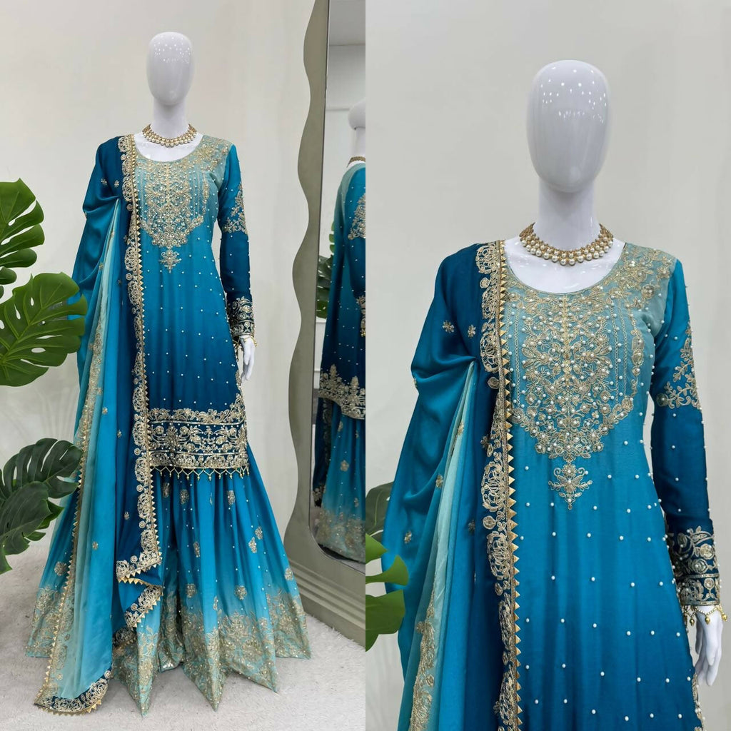 The52 Women's Beautiful Chinon silk Fabric Embroidery Work Straight Kurta Palazzo and Dupatta Set - Distacart
