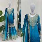 The52 Women's Beautiful Chinon silk Fabric Embroidery Work Straight Kurta Palazzo and Dupatta Set - Distacart