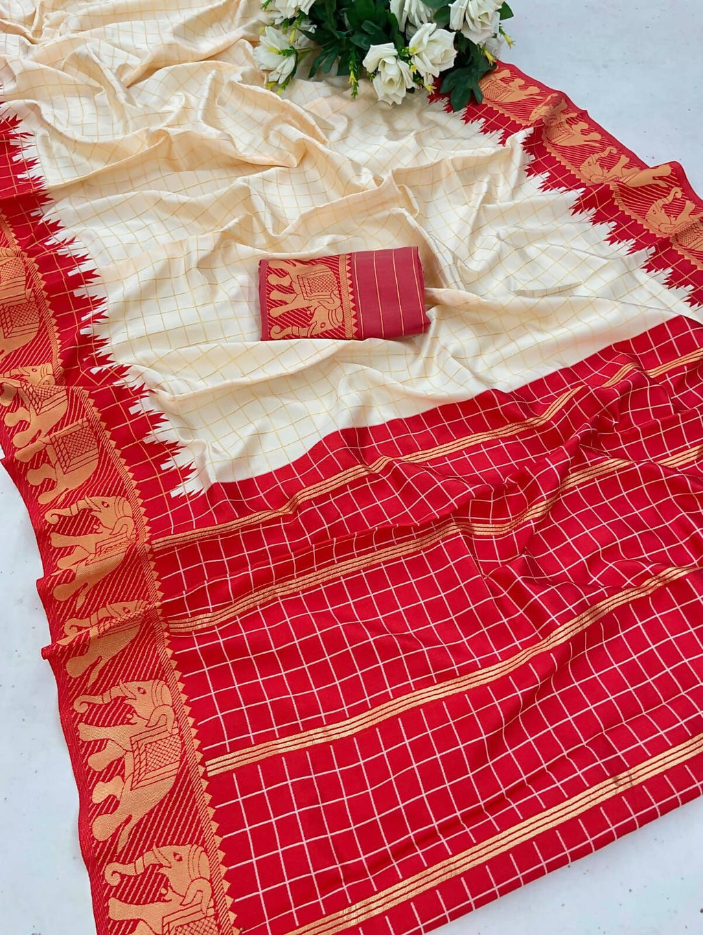 DEIANA'S Beautiful Designer Golden zari Soft Lichi Silk Saree - White