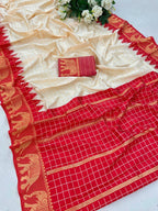 DEIANA'S Beautiful Designer Golden zari Soft Lichi Silk Saree - White