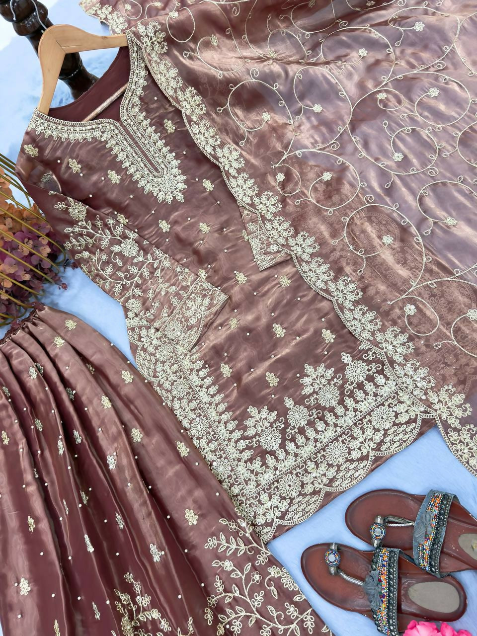 Teeya Creation Coffee Pure Silk Gimmy Silk Heavy Embroidery Work Wedding Wear Palazzo Pair - Distacart