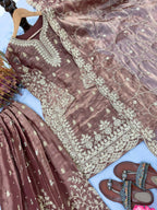 Teeya Creation Coffee Pure Silk Gimmy Silk Heavy Embroidery Work Wedding Wear Palazzo Pair - Distacart