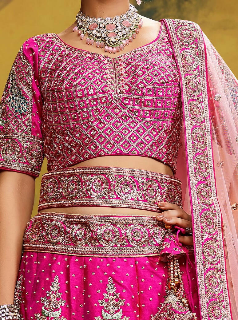 House of Panchhi Pink Pure Silk Moti & Zarkan heavy embroidery Lehenga choli & Dupatta