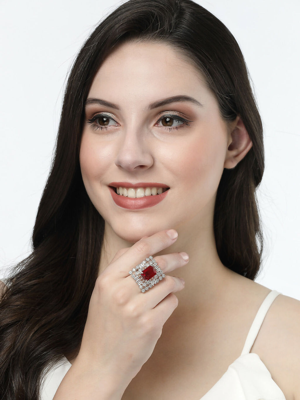 NVR Women's Red & Silver CZ-Studded Square-Shaped Adjustable Finger Ring