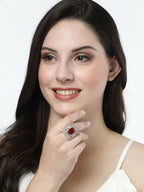 NVR Women's Red & Silver CZ-Studded Square-Shaped Adjustable Finger Ring
