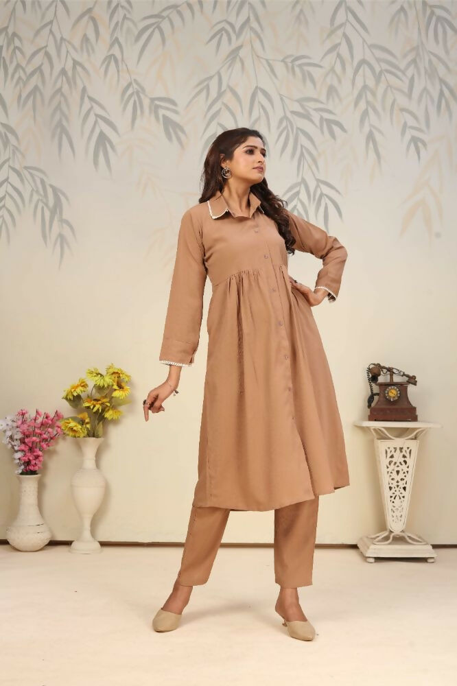 Jyoti Fashion Women's Beige Rinkal Cotton Plain with Side Pocket Kurtis & Sets