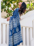 Zibaa Hand-Blocked Pure Mul Cotton Indigo Saree - Distacart