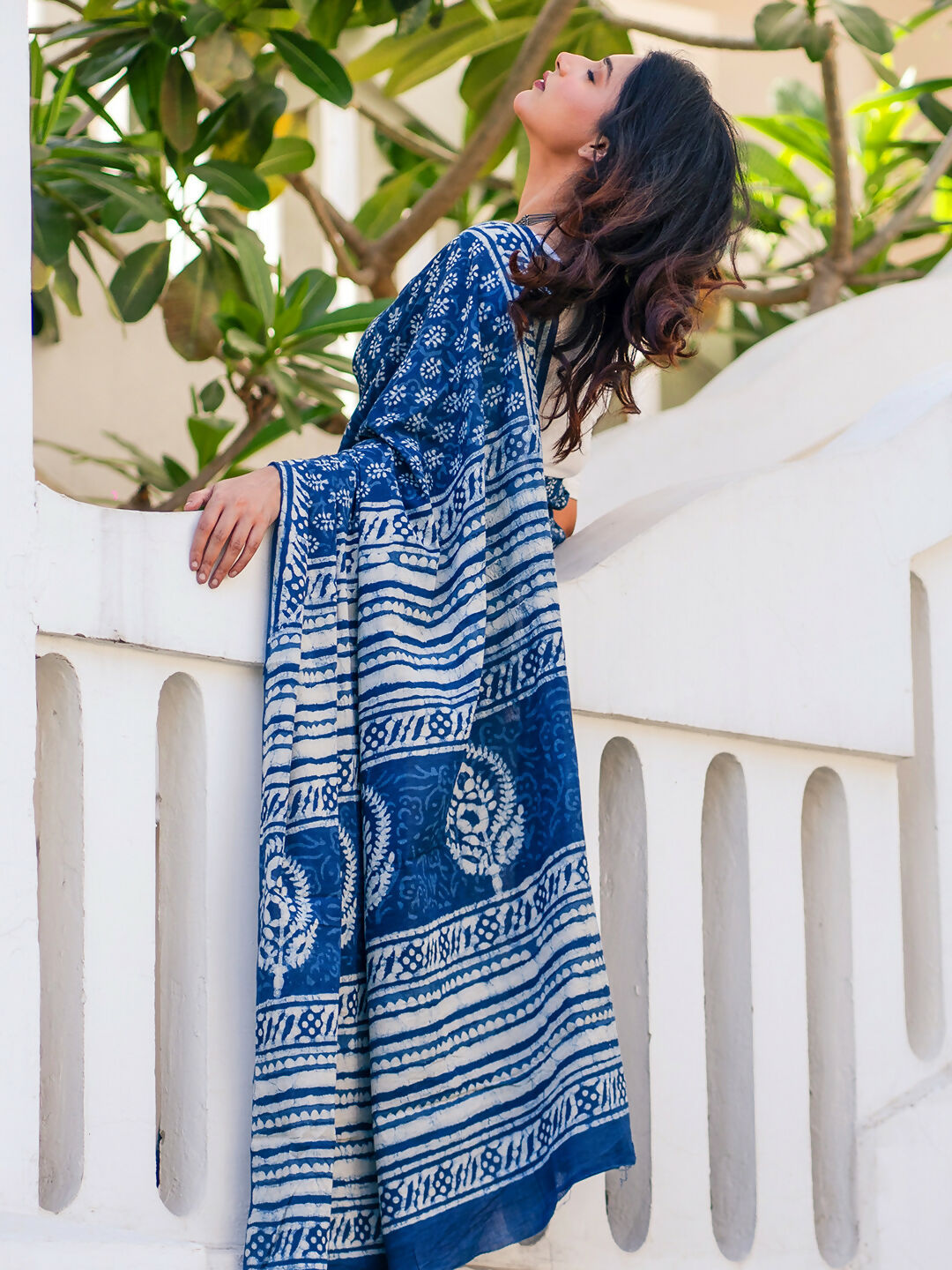 Zibaa Hand-Blocked Pure Mul Cotton Indigo Saree - Distacart