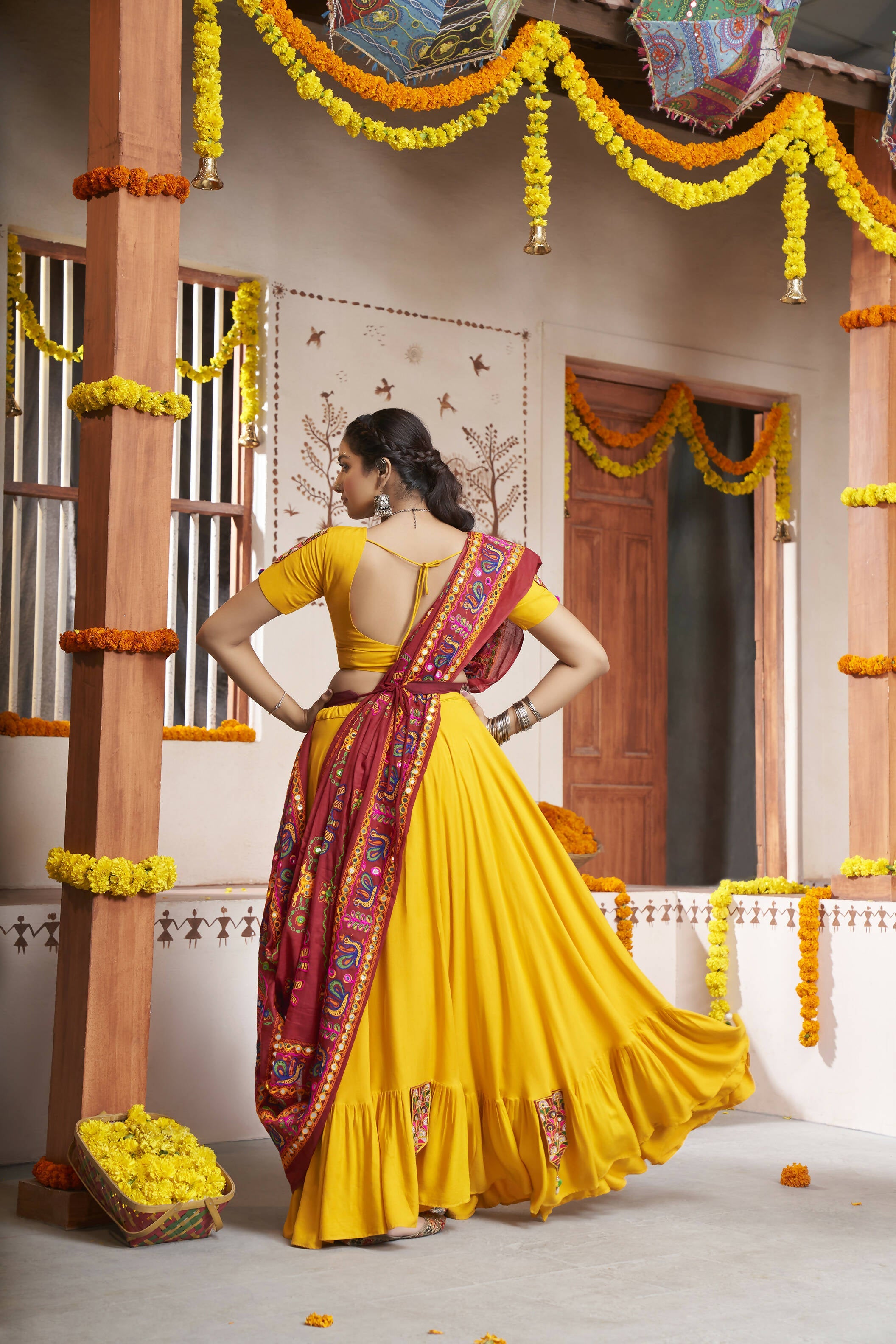 Yellow Viscose Rayon Thread Embroidery with mirror work Navratri Lehenga Choli with Dupatta - Raas