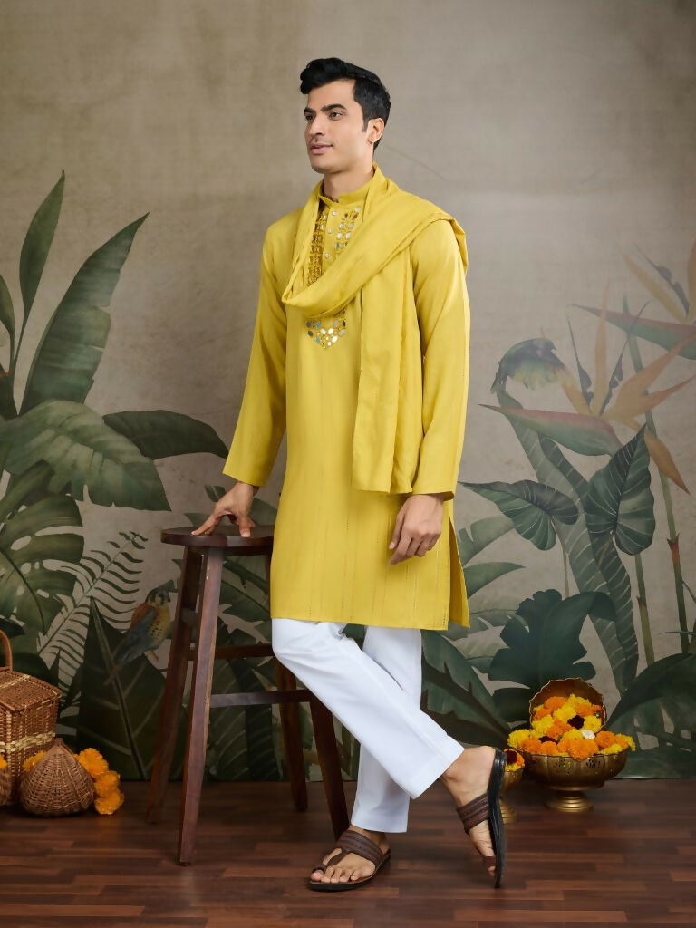 Vastranavya Yellow Exclusive Viscose Silk Festival Wear Real Mirror Work Kurta with Dupatta