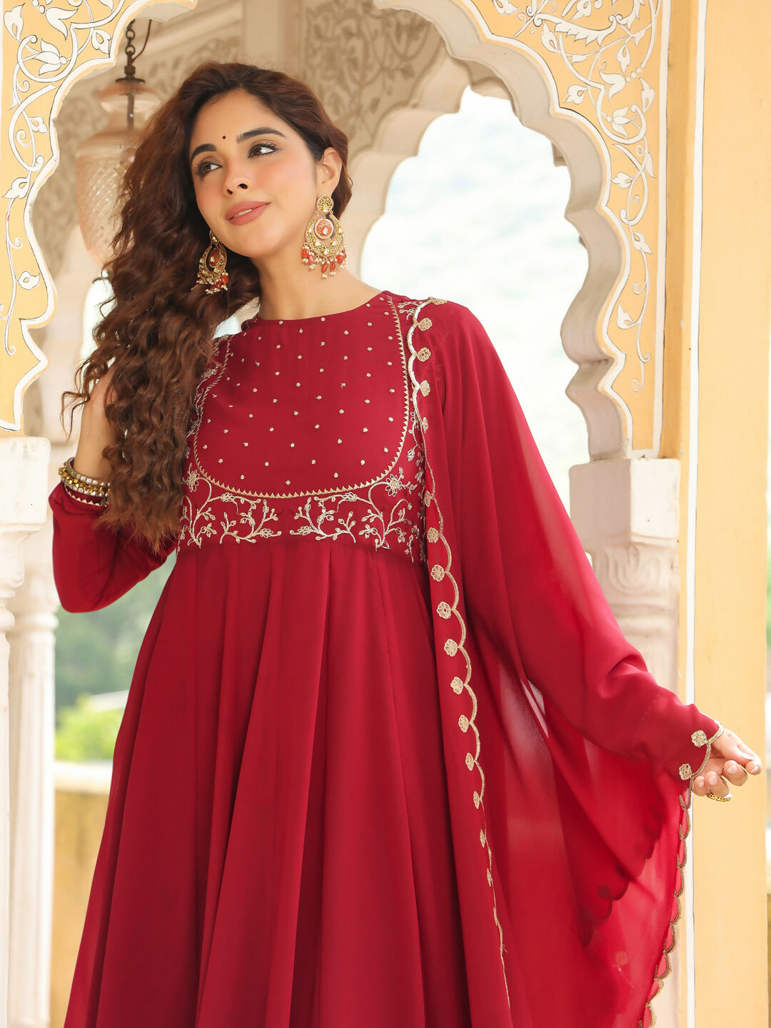 Janasya Maroon Georgette Embroidered Kurta,Bottom & Dupatta