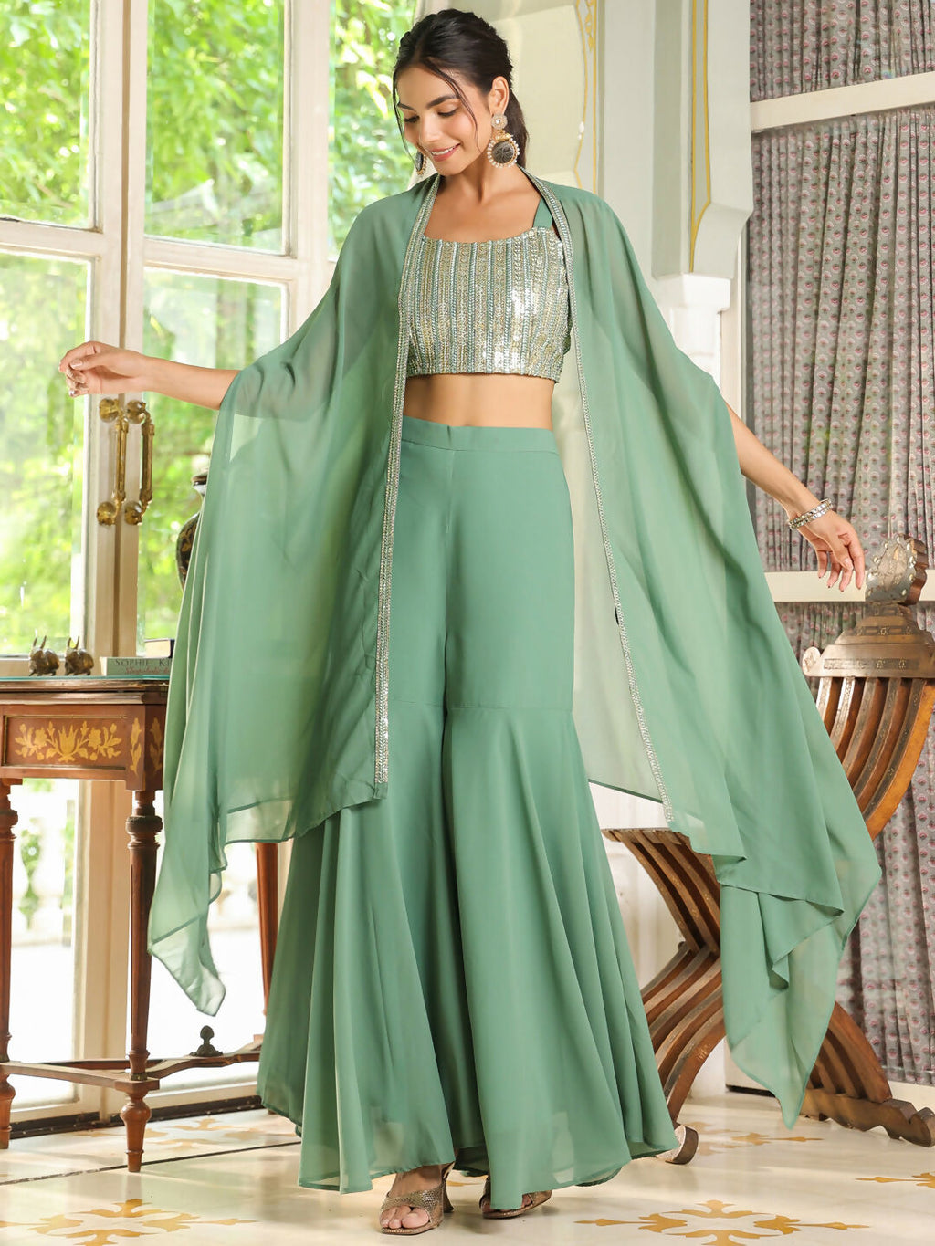 Janasya Sage Green Georgette Sequined Top Bottom Cape