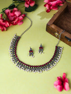 NVR Women Silver-Plated Stone Studded Oxidised Silver Jewellery Set