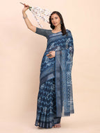 Shree Shyam Fashion Linen Cotton Indigo Blue Saree - Distacart