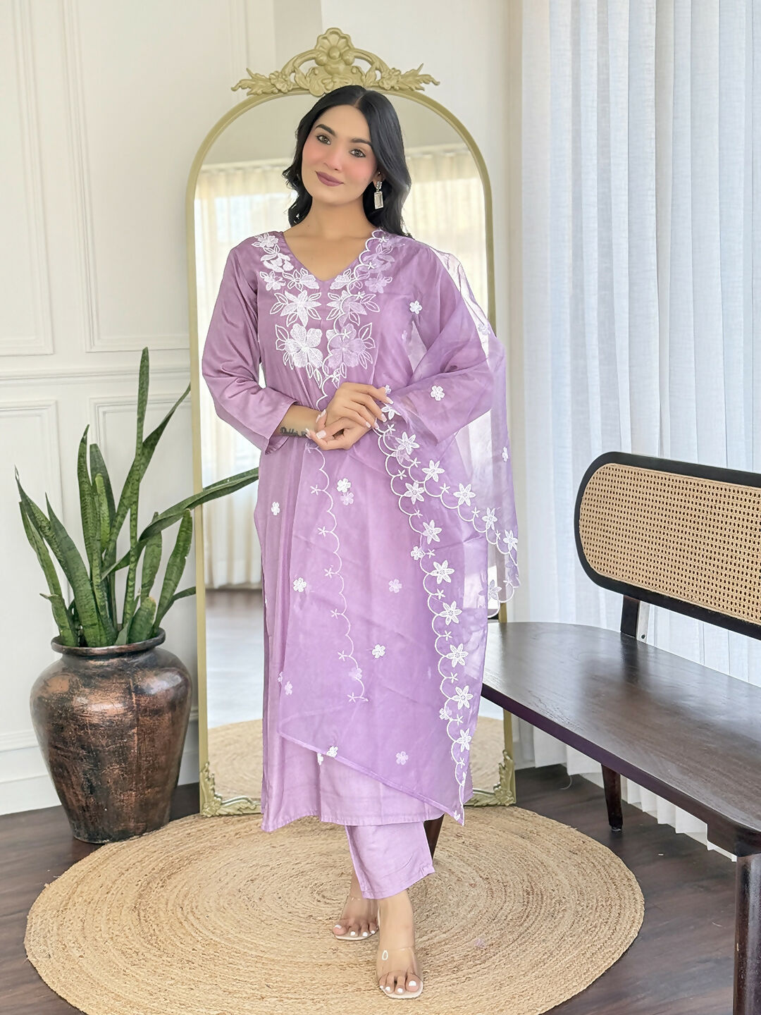 The52 Women Beautiful Thread work Rayon Fabric with Straight Kurta, Pant and Dupatta Set - Distacart