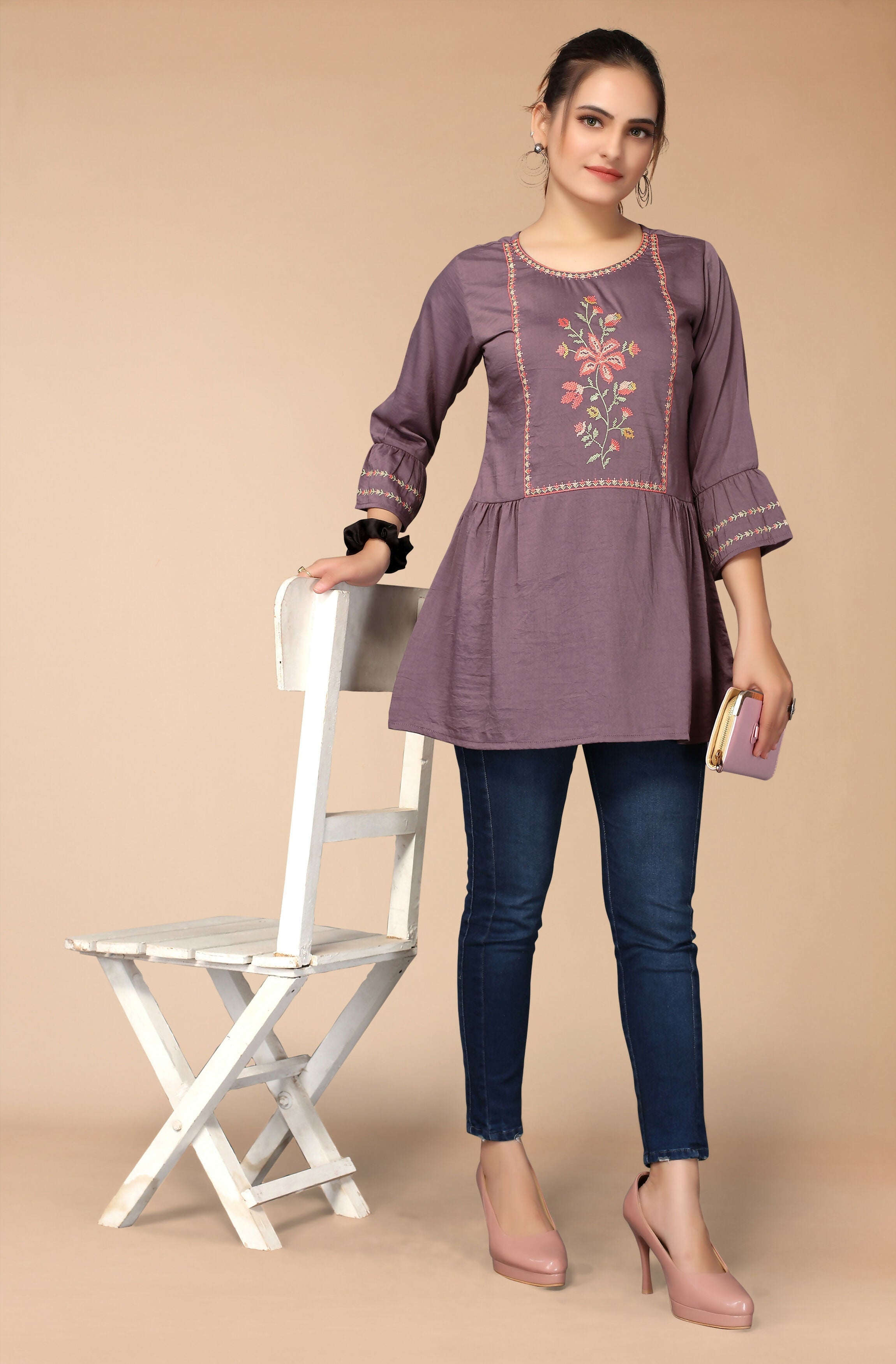 Women's Purple Viscose blend Embroidered Short Top - Marina