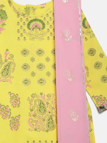 Ahalyaa Yellow Viscose Rayon Straight Kids Kurta Pants With Dupatta For Girls