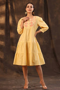 Juniper Women's Yellow Cotton Slub Solid Embroidered Tiered Dress - Distacart