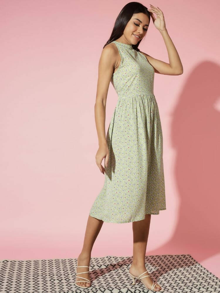 Myshka Women Green Ethnic Motifs Rayon A-Line Round Neck Dress - Distacart