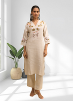 Joban Fashion Beige Linen Embroidered Readymade Long Kurta With Pant - Distacart