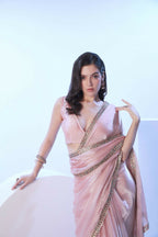 Baby Pink Burberry Solid Designer & Lace Work Saree - Samaa