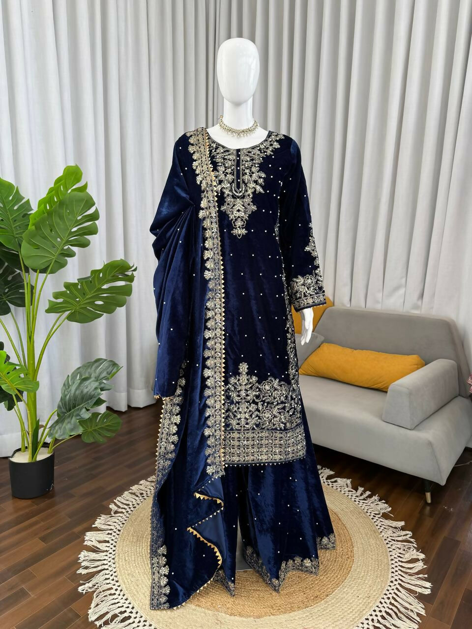 Vastranavya Blue Viscose Velvet Cording Sequence With Moti Work Top-Bottom With Dupatta - Distacart