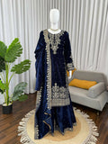 Vastranavya Blue Viscose Velvet Cording Sequence With Moti Work Top-Bottom With Dupatta - Distacart