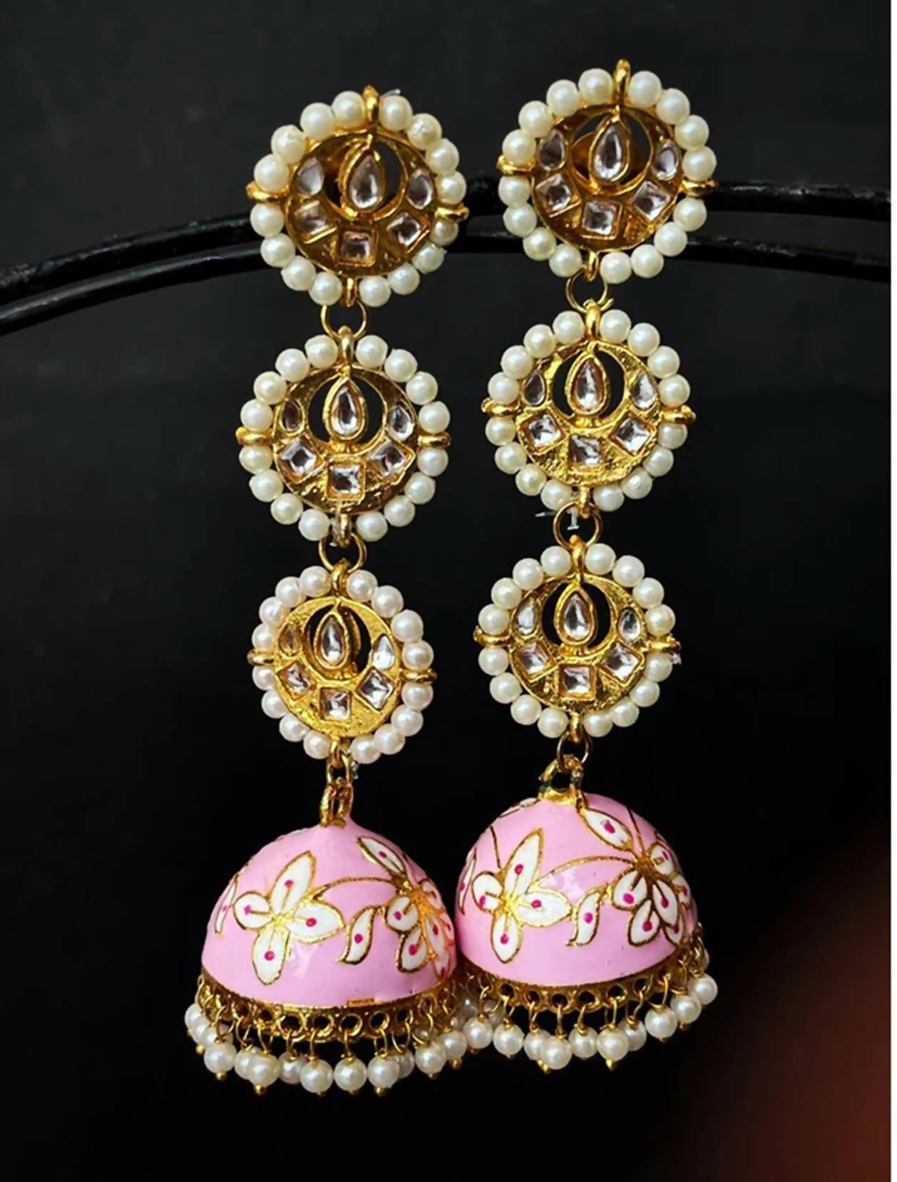 Joban Fashion Women White Meenakari Dome With Three Tops Drop Earring - Distacart
