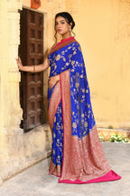 Joban Fashion Ink Blue Crepe Chiffon Pure Handloom Banarasi Silk Saree