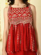 Myshka Women's Red Georgette Top With Palazzos Party Sets