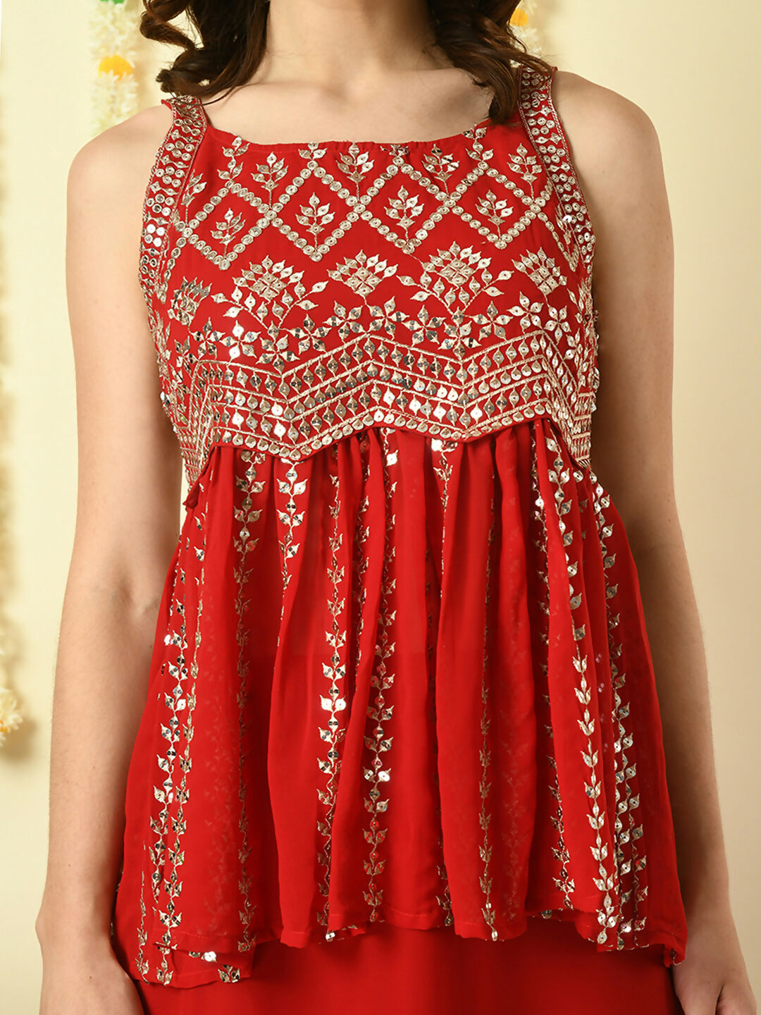 Myshka Women's Red Georgette Top With Palazzos Party Sets